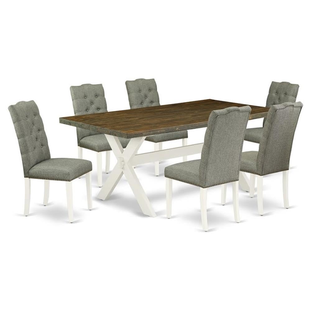 East West Furniture X077El207-7 7 Piece Dining Room Table Set Consist Of A Rectangle Dining Table With X-Legs And 6 Gray Linen Fabric Upholstered Parson Chairs, 40X72 Inch, Multi-Color